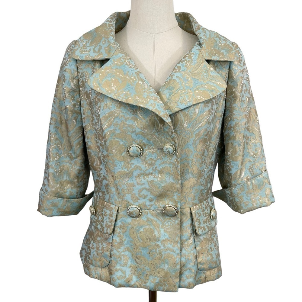 Ross Mayer Jacquard Blazer Womens S Seafoam Green + Gold Floral Rhinestones VGUC